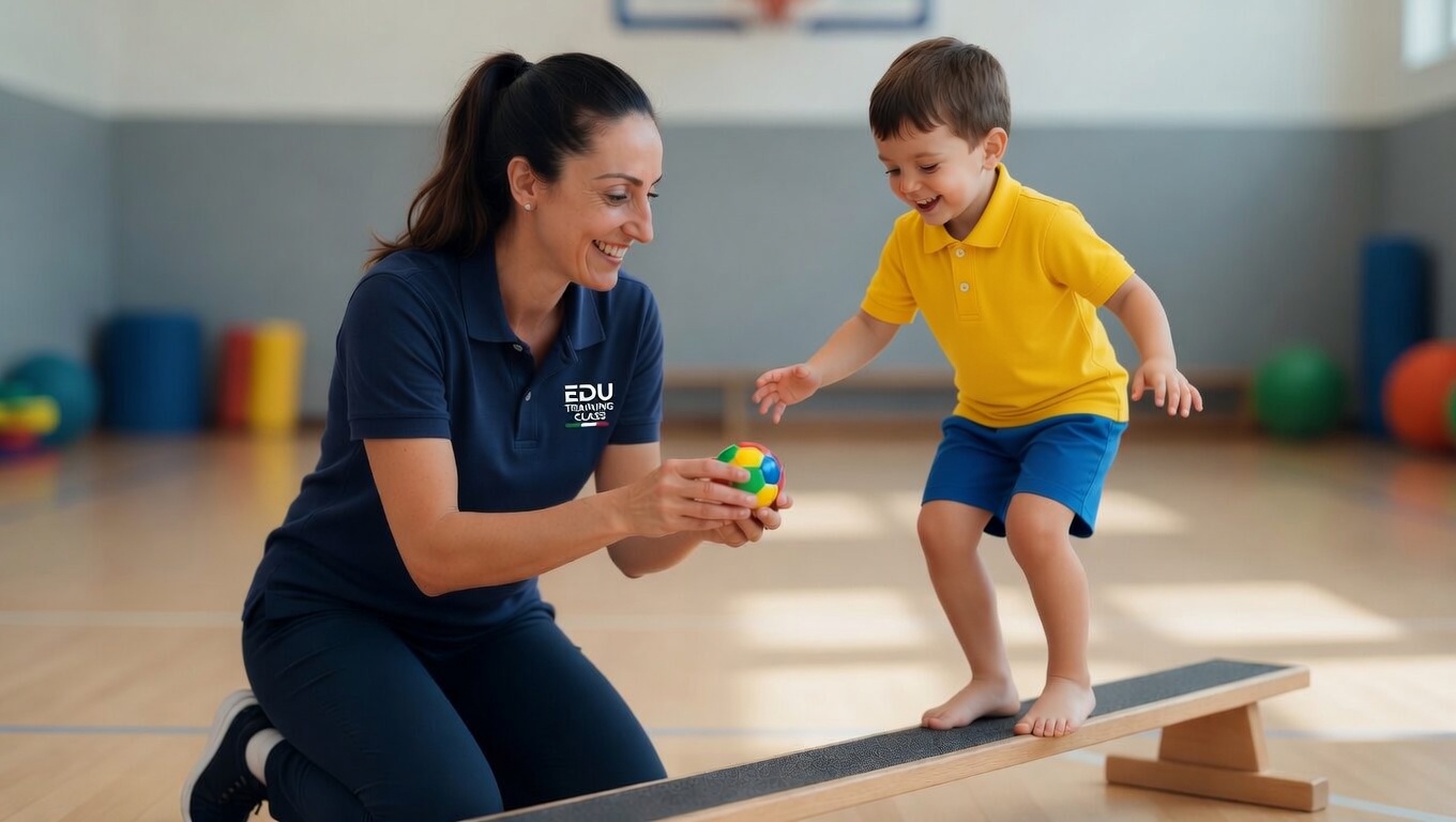 EduTrainer con bambino sulla tavola di equilibrio
