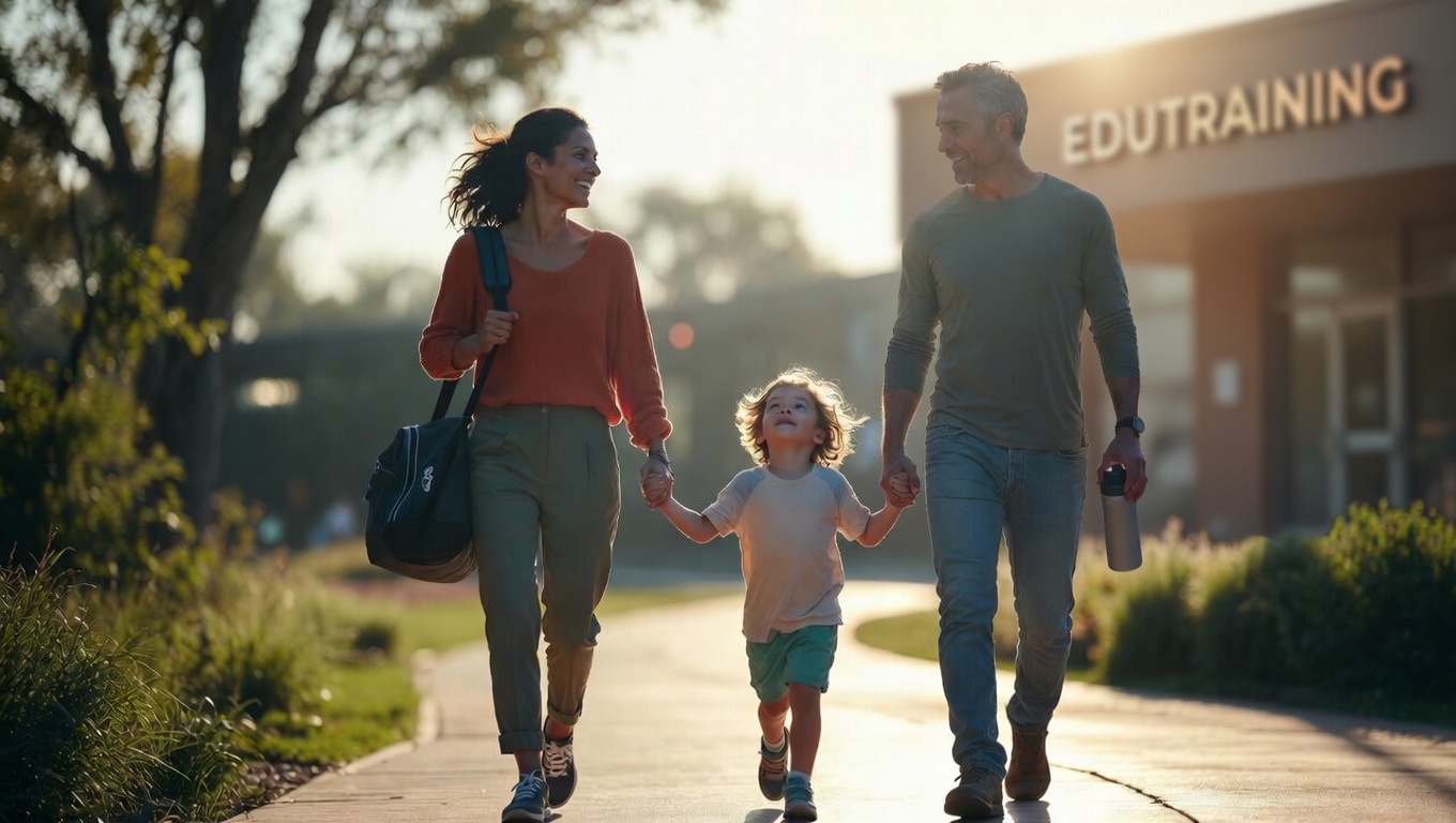 Famiglia che accompagna il figlio al centro sportivo